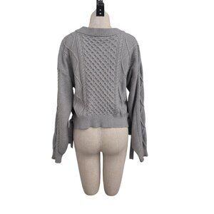 Forever 21 Gray Cable Knit V-Neck Sweater With Side Ties M Polyester/Nylon Blend
